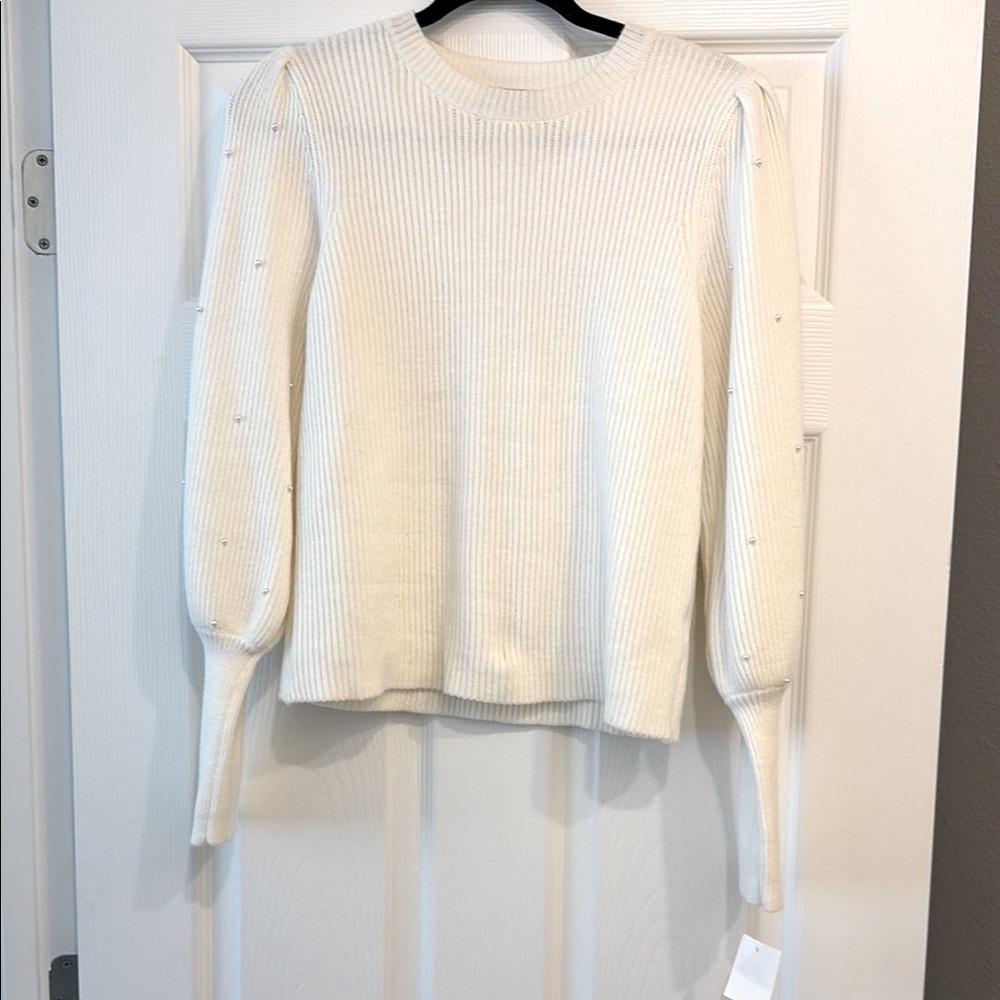 Mustard Seed white Ribbed Crewneck Sweater with Pearl Sleeve Accents